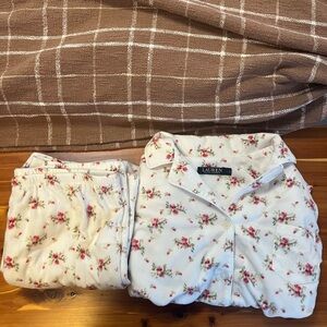 Ralph Lauren Pink Cream Rose Bud Floral Fleece Womens Pajama 2PC Set Large